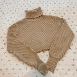 Women's Cropped Beige Turtleneck Sweater